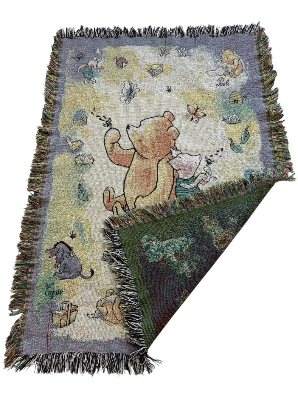 Vintage Disney Winnie Pooh Piglet Woven Tapestry Throw Blanket Fringe Edges